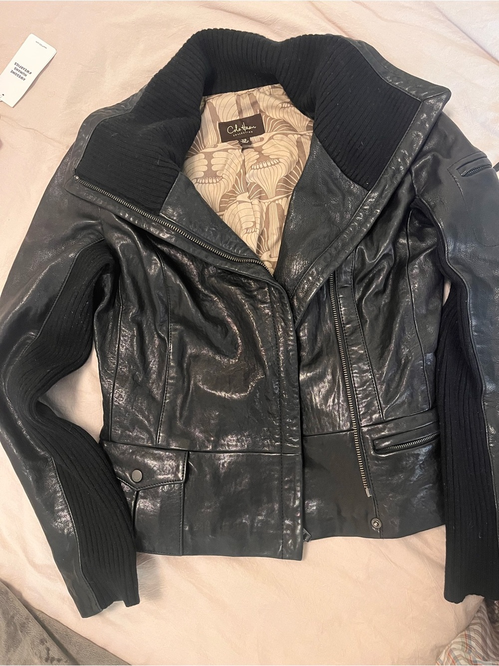 Cole Haan Black Leather Jacket with Rib Knit Details